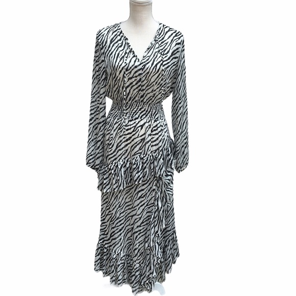 Maje Dresses & Skirts - LIKE NEW Maje Asymmetric Ruffle Metallic Zebra Print Midi